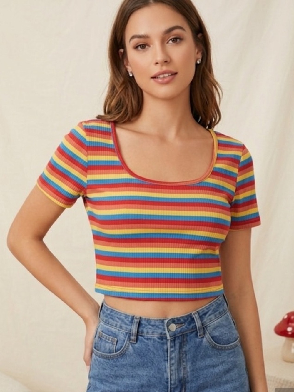 SHEIN Multicolor Rainbow Stripe Ribbed Crop Top